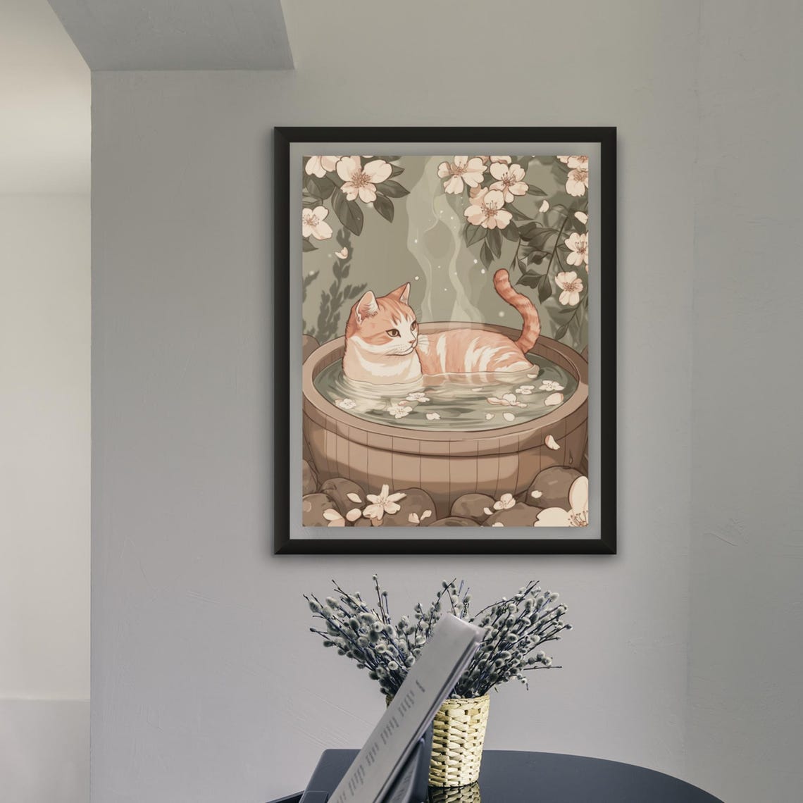 Cream Cat Soaking In Wooden Onsen With Cherry Blossom Poster - Image 2