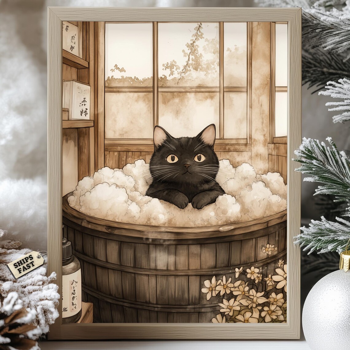 Black Cat Relaxing In Wooden Tub Bubbles Vintage Bath Poster