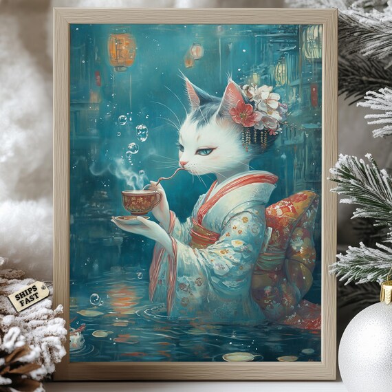 Elegant White Cat In Kimono Drinking Tea In Underwater Scene Poster