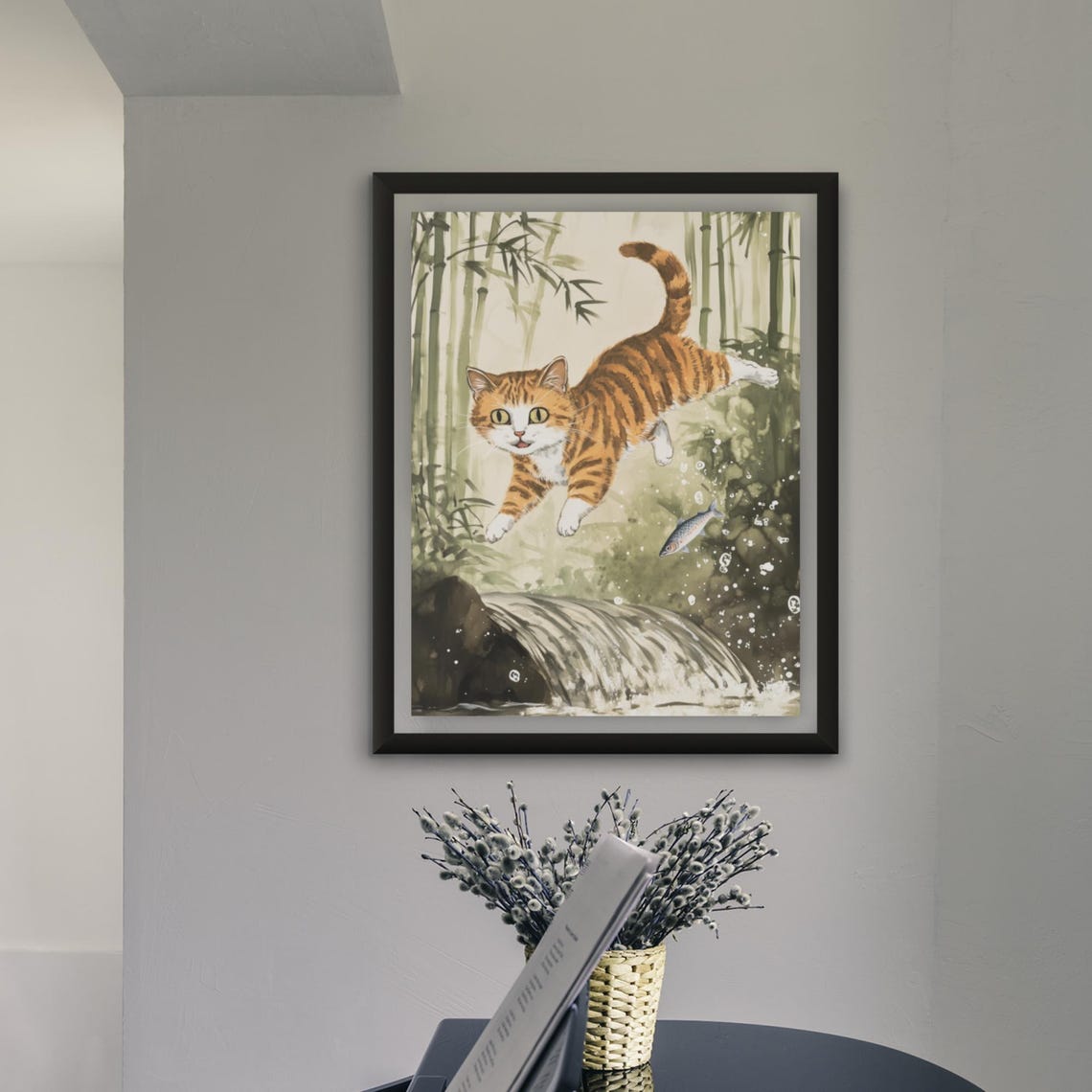 Orange Tabby Cat Leaping Over A Stream In Bamboo Forest Poster - Image 4