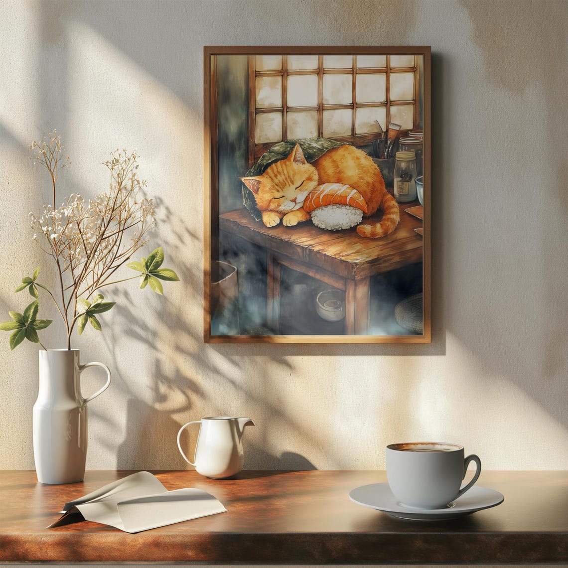 Orange Cat Sleeping Like Sushi With Salmon Slice On Counter Poster - Image 7