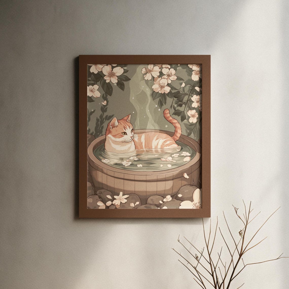 Cream Cat Soaking In Wooden Onsen With Cherry Blossom Poster - Image 6