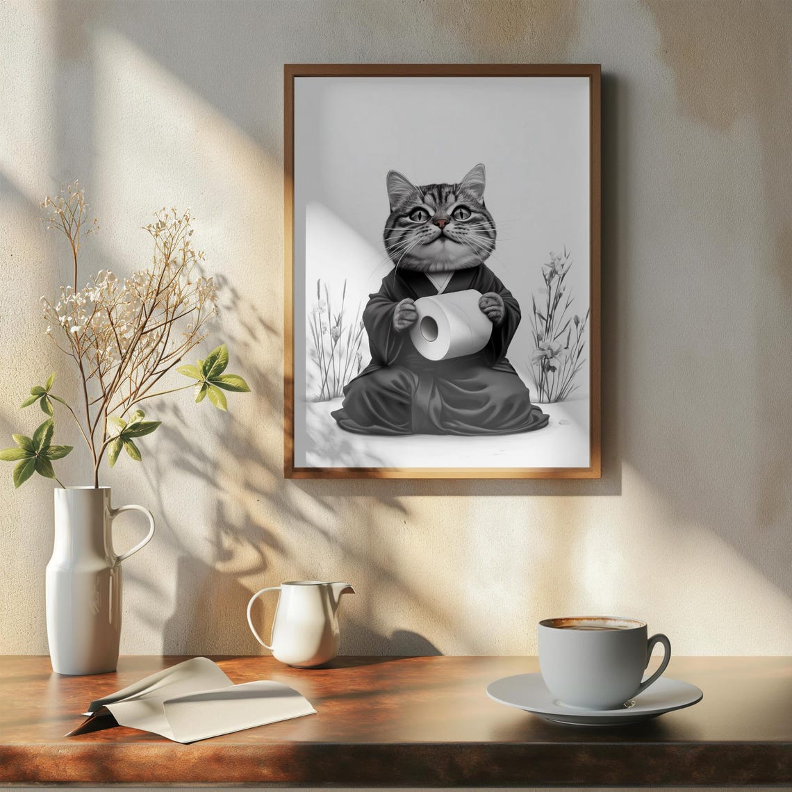 Tabby Cat In Kimono Holding A Toilet Paper Roll Bathroom Poster - Image 7