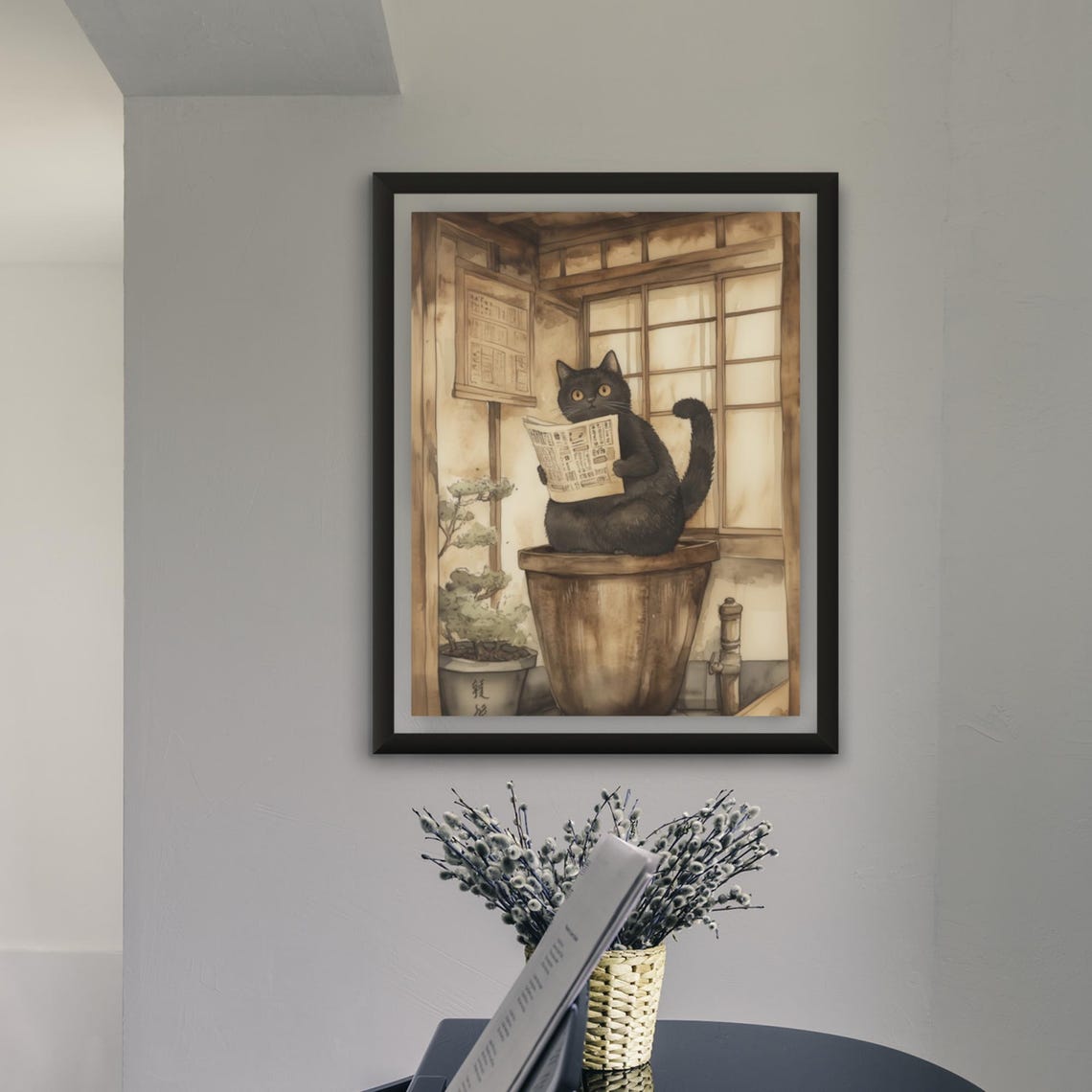 Black Cat Reading Newspaper On Wooden Tub Japanese Bath Poster - Image 4