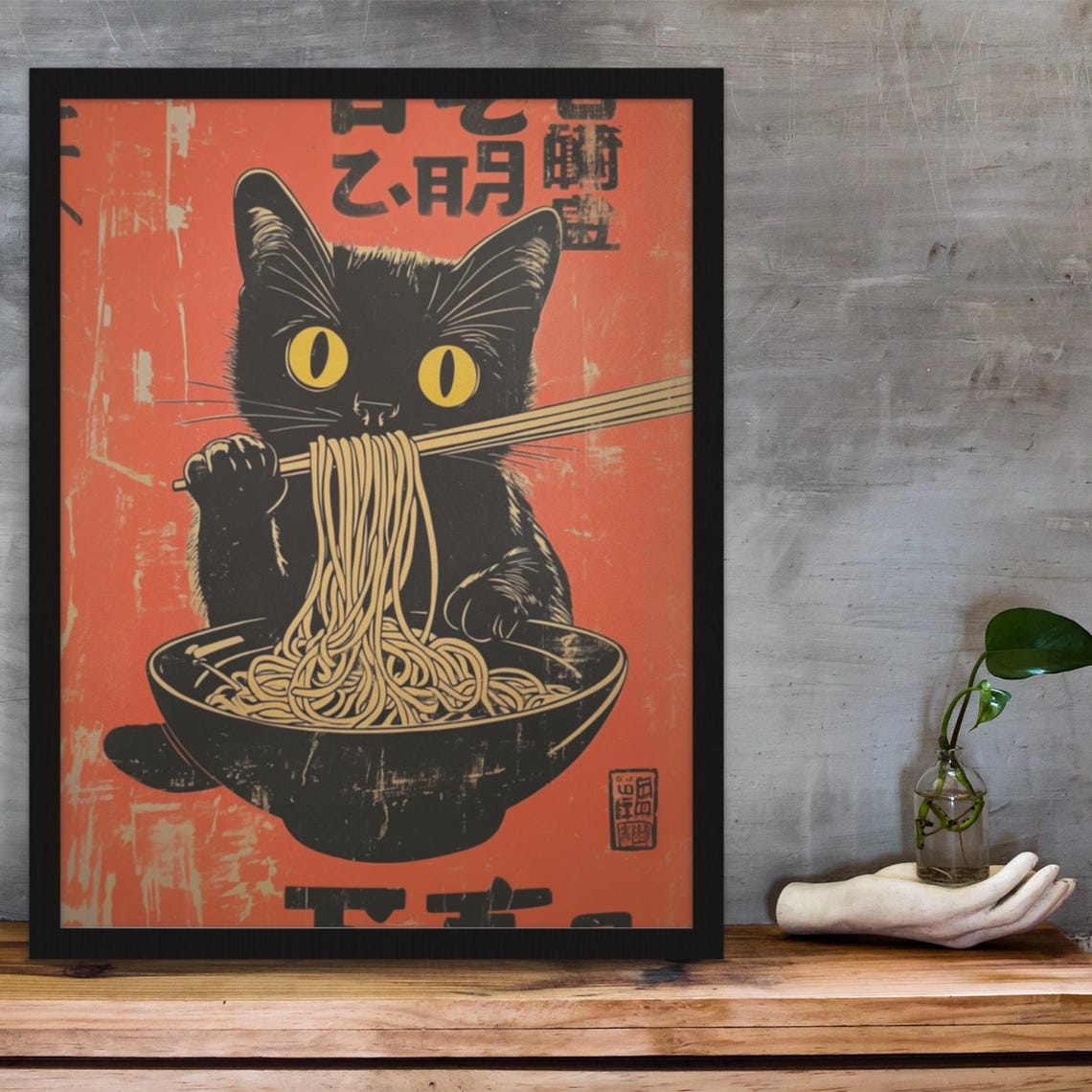 Black Cat Slurping Noodles In Woodblock Style Red Retro Poster - Image 3