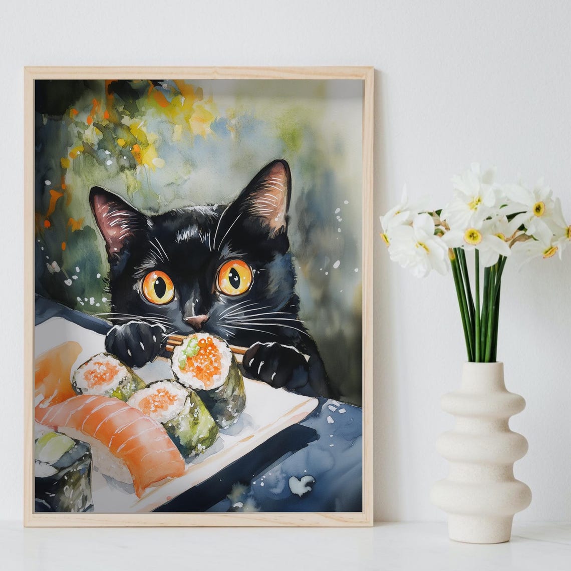 Black Cat Eyeing Sushi Plate In Loose Watercolor Style Poster - Image 8