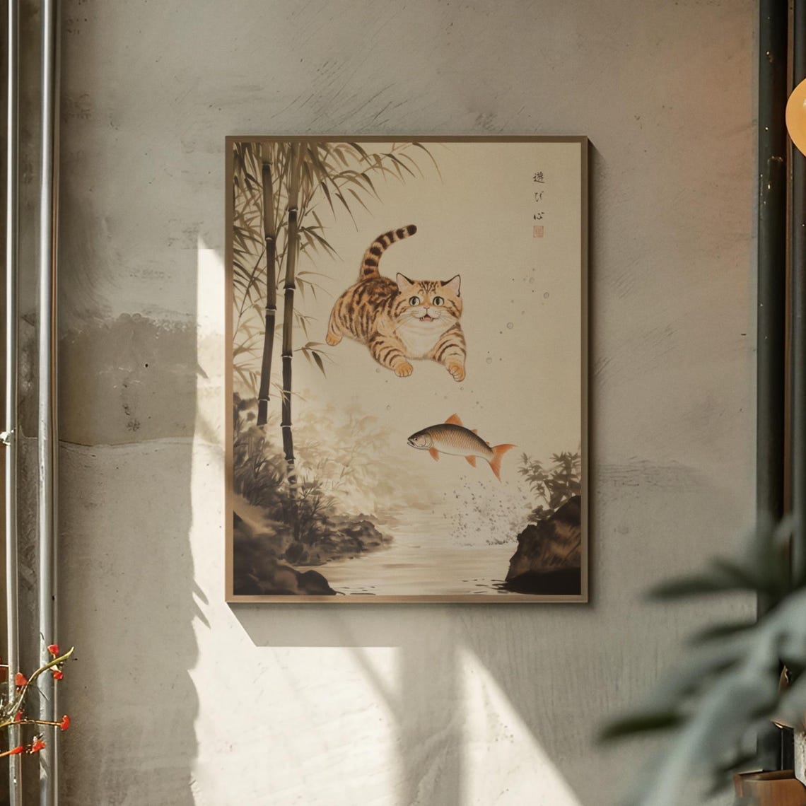 Orange Tabby Cat Diving Down Toward A Fish In Bamboo Grove Poster - Image 2