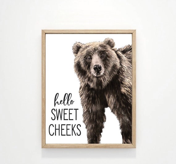 Hello Sweet Cheeks Bear Funny Bathroom Wall Decor Rustic Art Print Framed Or Canvas Sign