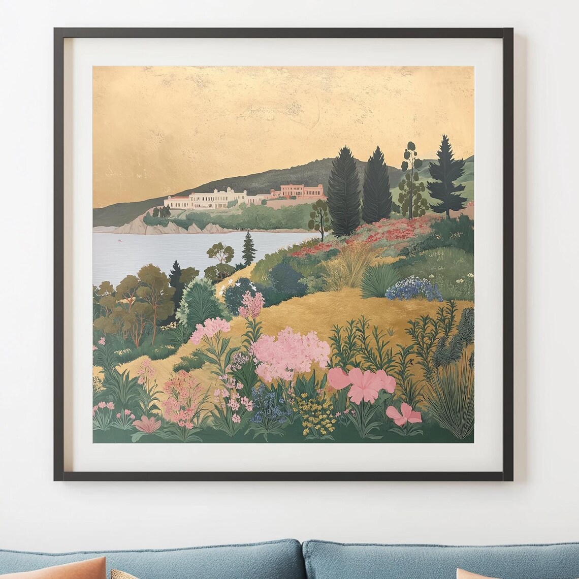 Coastal Hillside Floral Garden Under Gold Sky With Villa View Poster