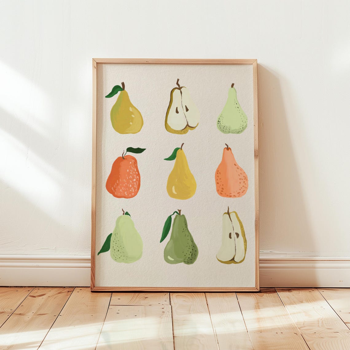 Charming Painted Pears Fruit Grid Colorful Kitchen Art Poster
