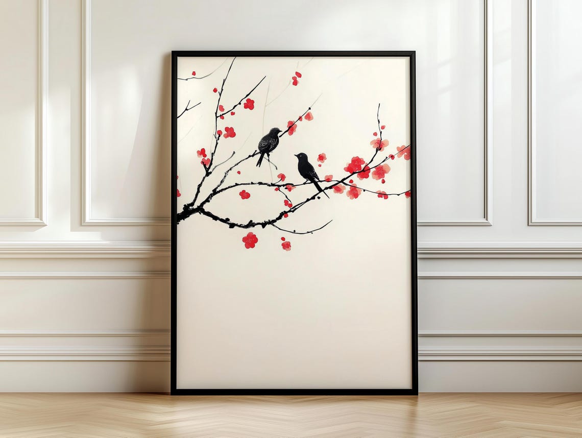 Pair Of Black Birds Ink Art On Sparse Red Blossom Branches Poster - Image 7