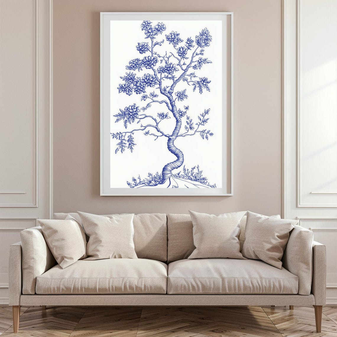 Blue Ink Gnarled Blossom Tree on White Chinoiserie Line Art Poster - Image 6