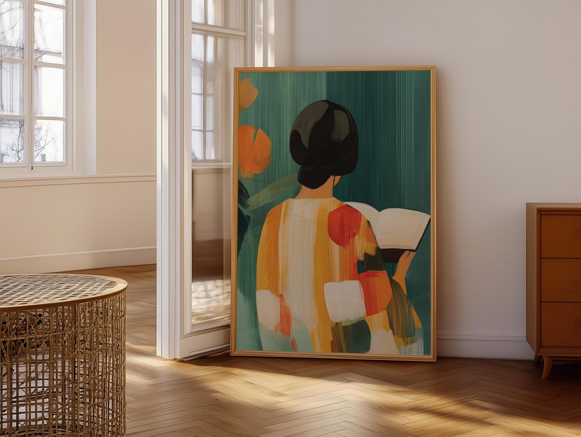 Woman With Bob Haircut Reading Colorful Back View Art Poster - Image 6