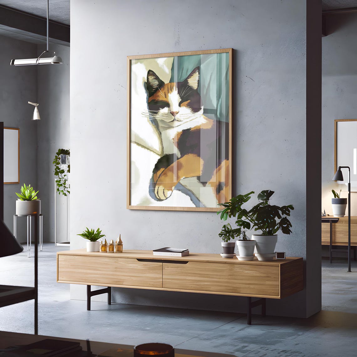 Sleeping Calico Cat Portrait Teal Background Soft Painterly Poster - Image 3