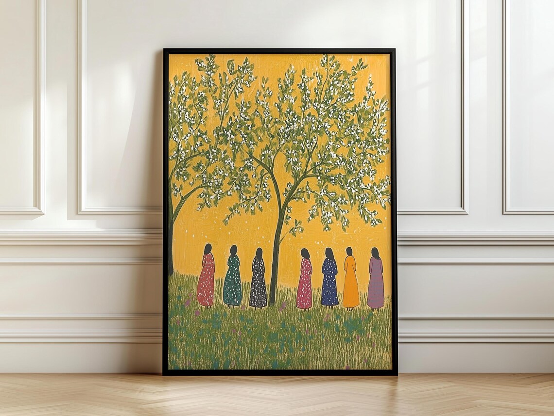 Seven Women Under Blossoming Tree Golden Yellow Folk Gathering Painting Art Poster - Image 7