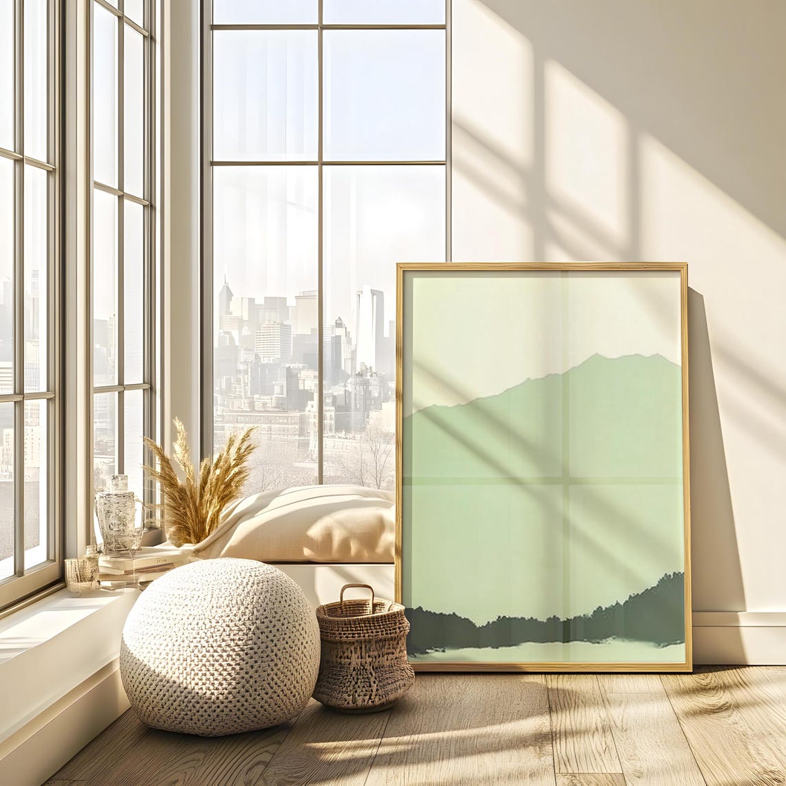 Green Mountain Wall Hanging Sage Green Lime Cream Art Minimalist Peaceful Foggy Calming Scenery - Image 4