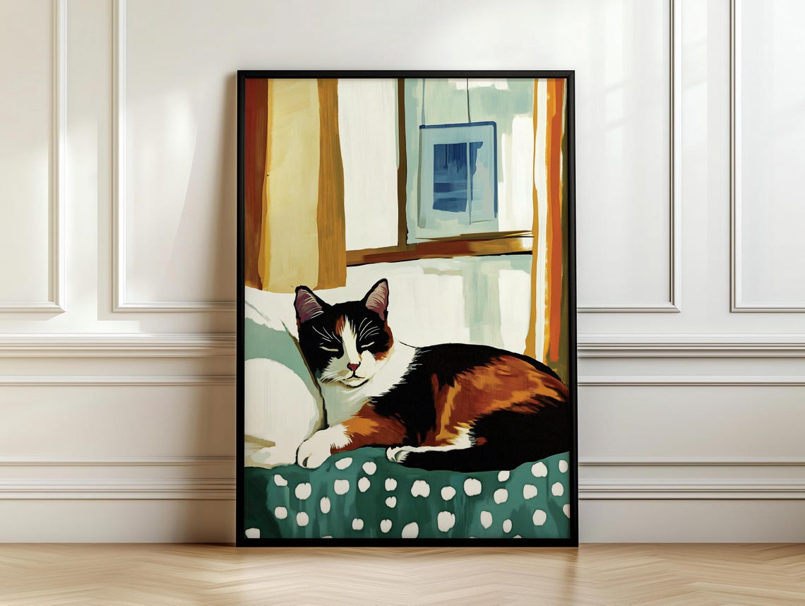 Calico Cat Resting By Window on Polka Dot Bedding Cozy Cat Poster - Image 7