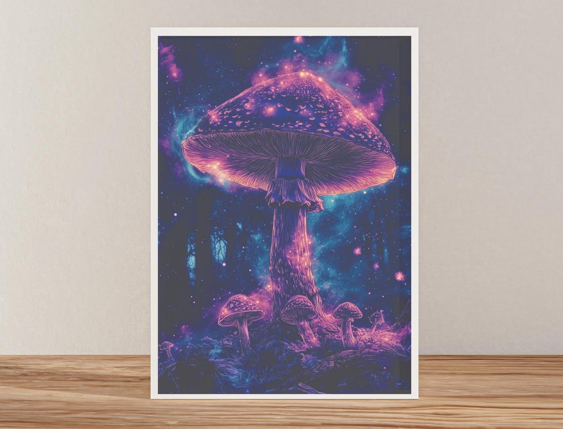Glowing Purple Cosmic Mushroom In A Starry Night Forest Poster