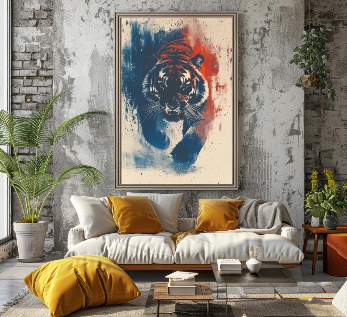 Watercolor Tiger Face In Blue And Orange Paint Splatter Art Poster - Image 6