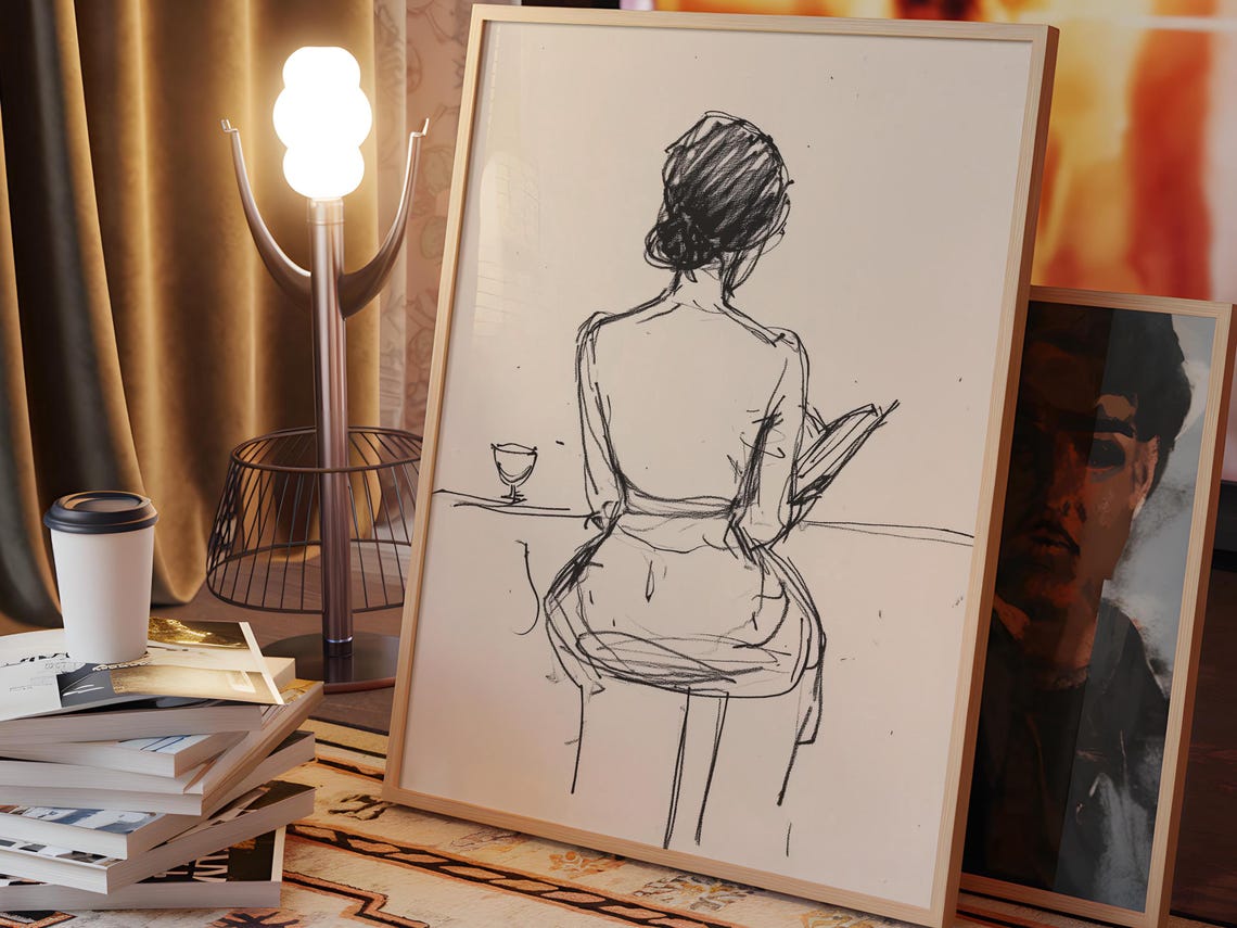 Seated Woman Reading Line Sketch With Wine Glass Minimalist Poster - Image 2