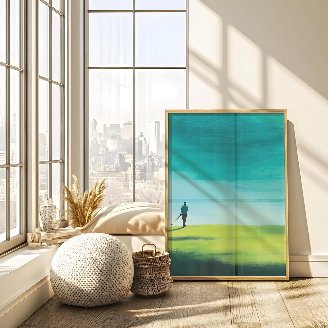 Lone Golfer Silhouette on Green Fairway Under Teal Sky at Dusk Poster - Image 2