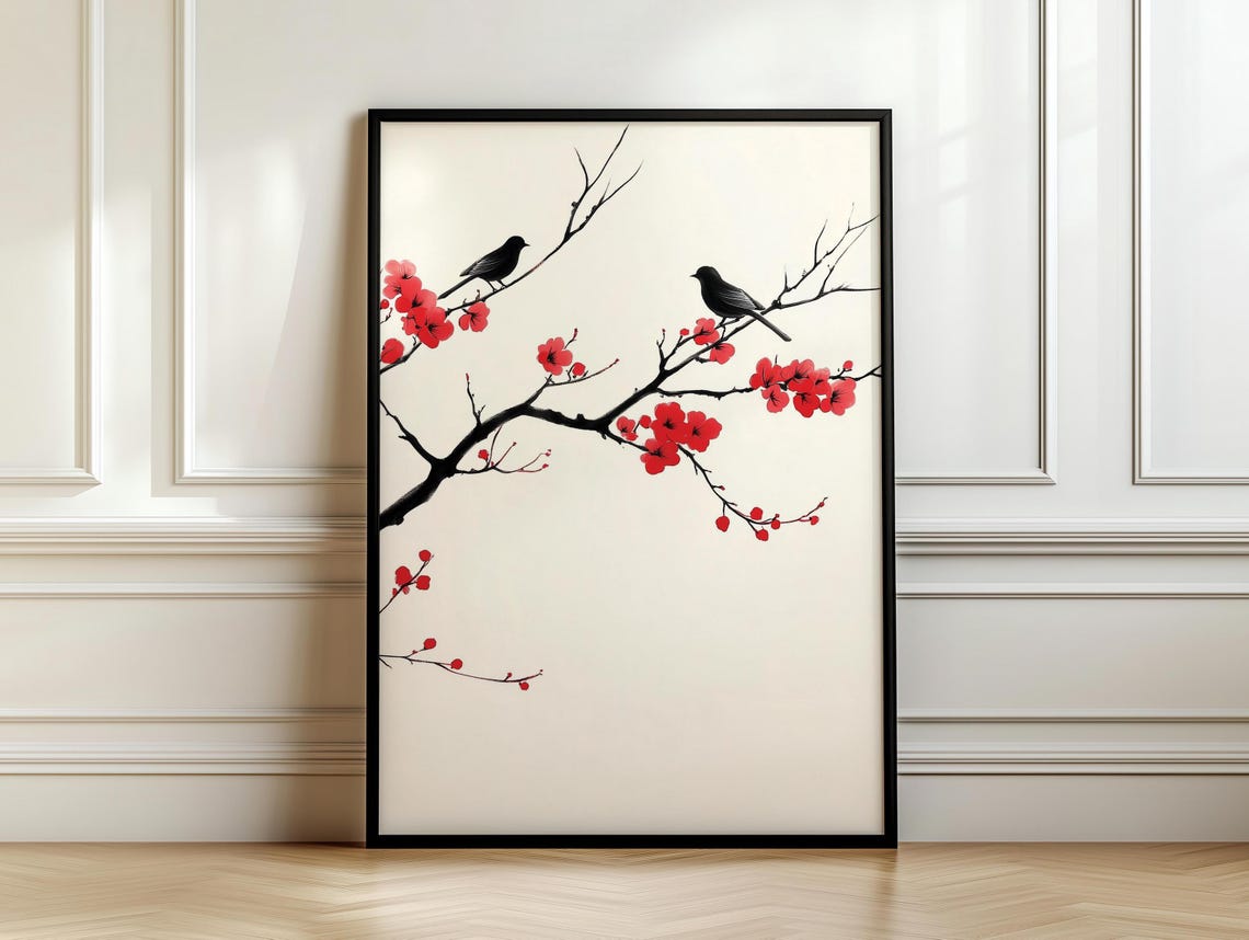 Two Black Birds Ink Painting Perched On Red Blossom Branches Poster - Image 7
