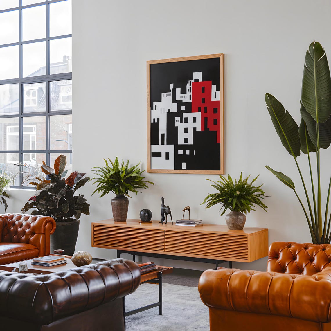 Bold Geometric Black White And Red Abstract Cityscape Art Poster - Image 5
