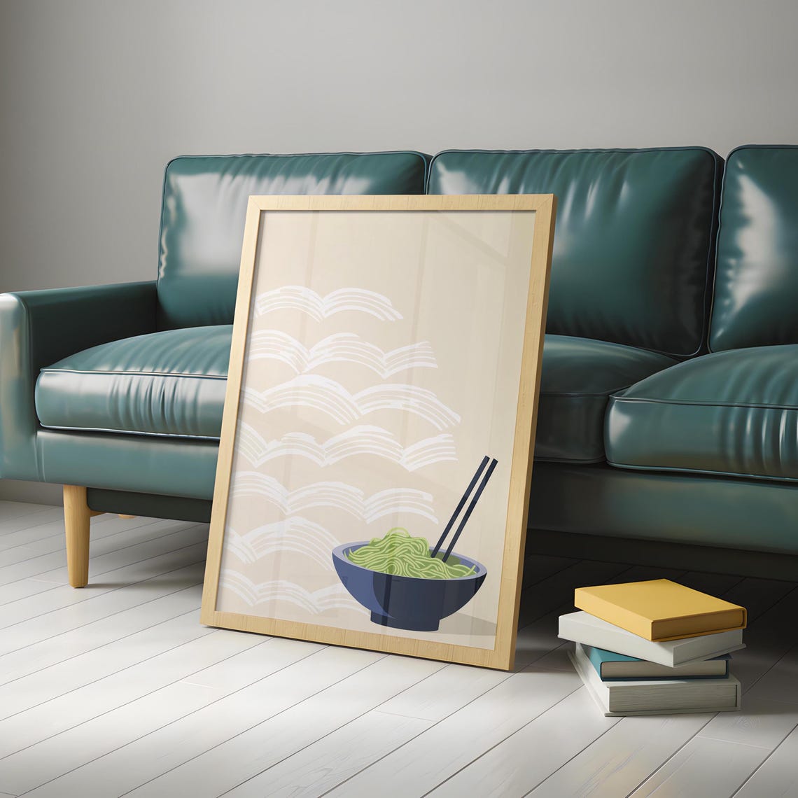 Green Noodle Bowl with Chopsticks on Seigaiha Wave Japandi Poster - Image 4