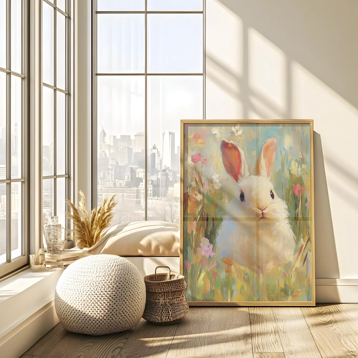 White Bunny in Flower Meadow Soft Impressionist Garden Poster - Image 2