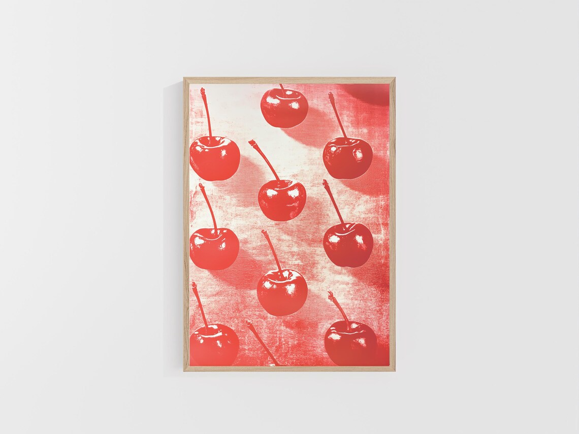 Cherry Print Rows Of Red Cherries On Red Artwork Bright Red Artwork For The Kitchen Colorful Art - Image 5