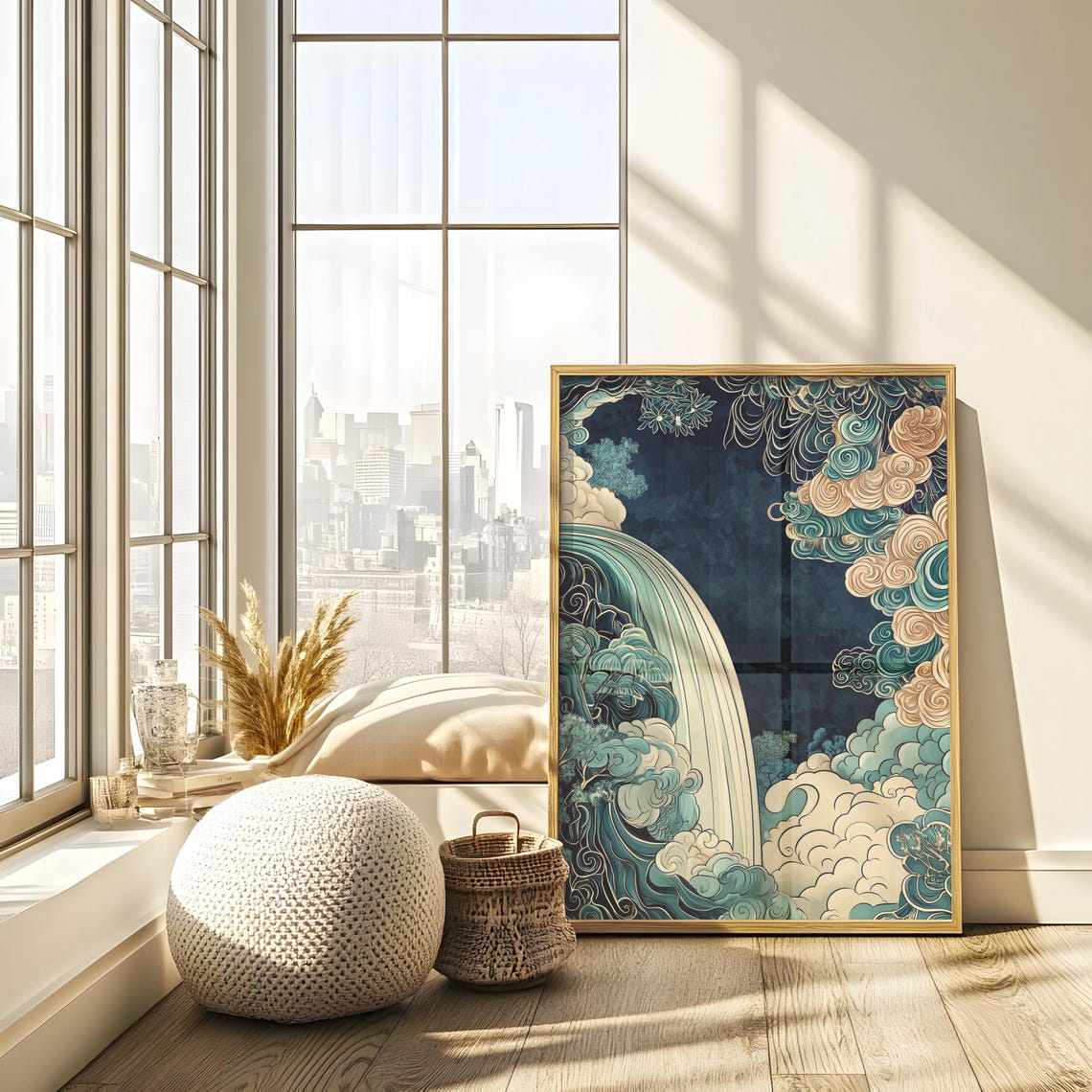 Dark Teal Ukiyo-e Waterfall Winding Through Night Clouds Poster - Image 2