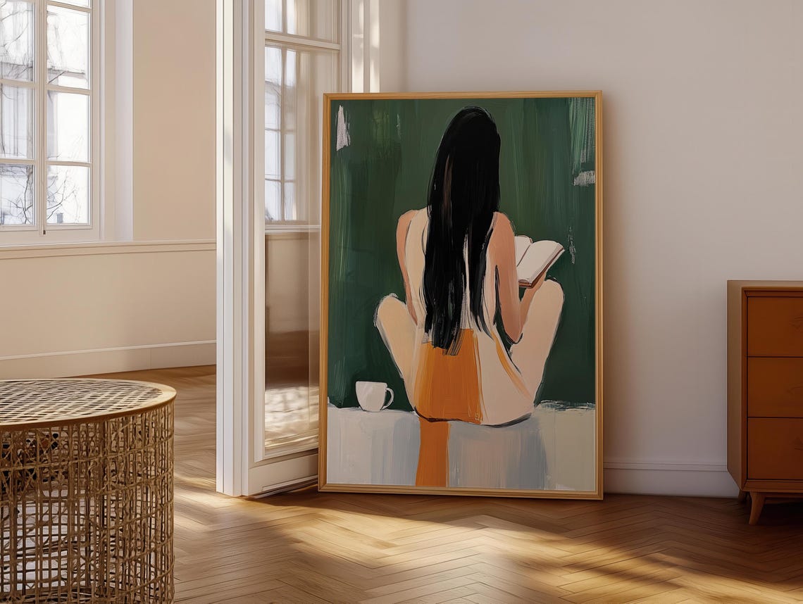 Woman Reading Cross-Legged From Behind Orange Top Minimal Poster - Image 6