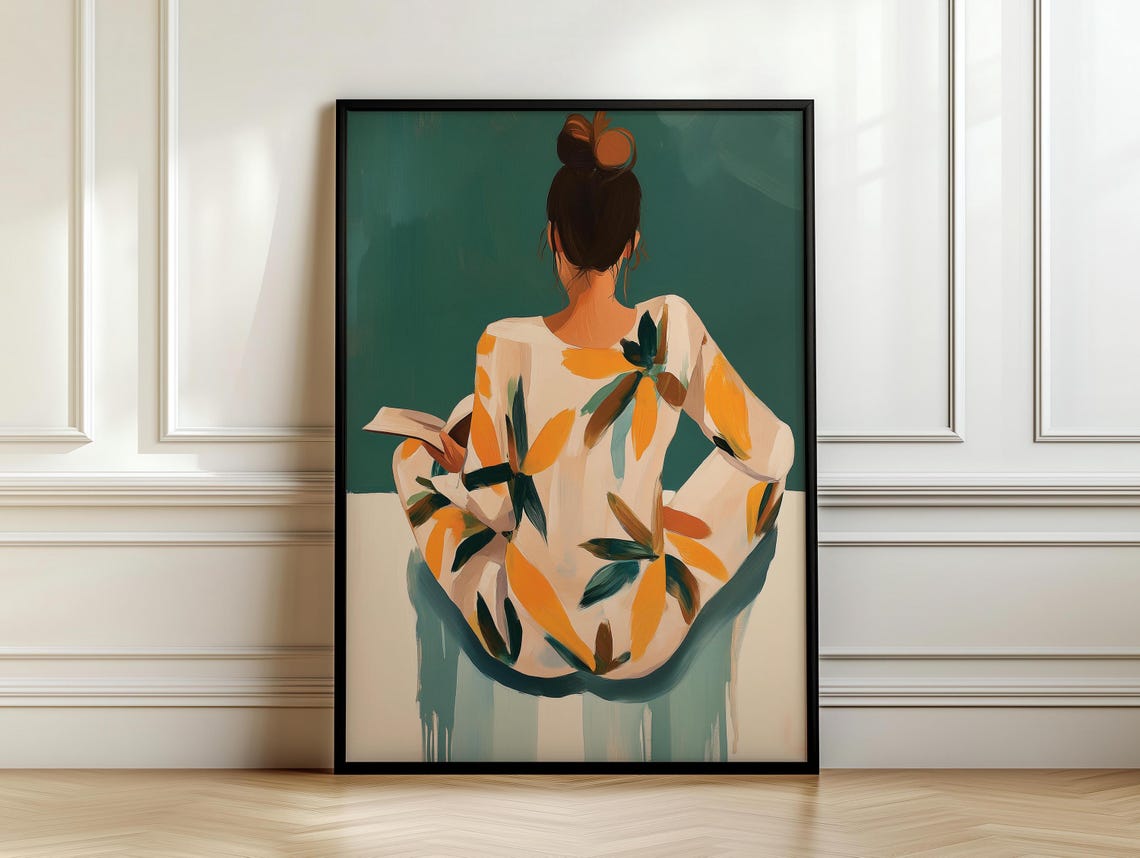 Woman With Bun Reading in Leafy Robe Back View Painterly Poster - Image 7