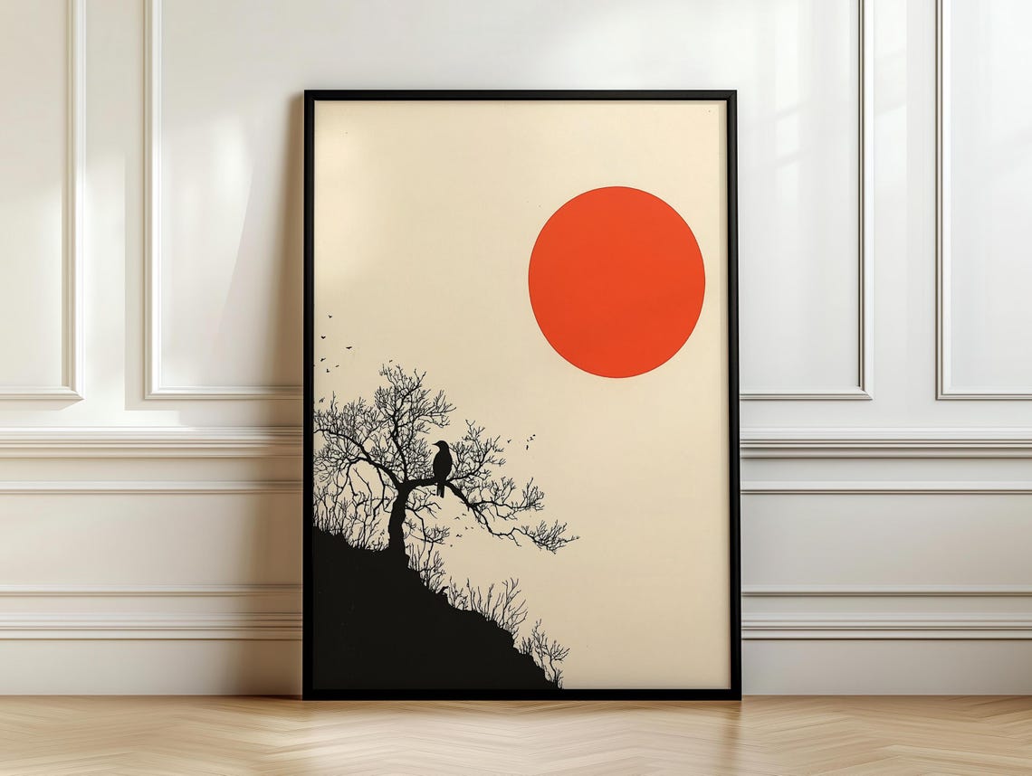 Japanese Red Sun Over a Tree Silhouette with Perched Bird Poster - Image 7