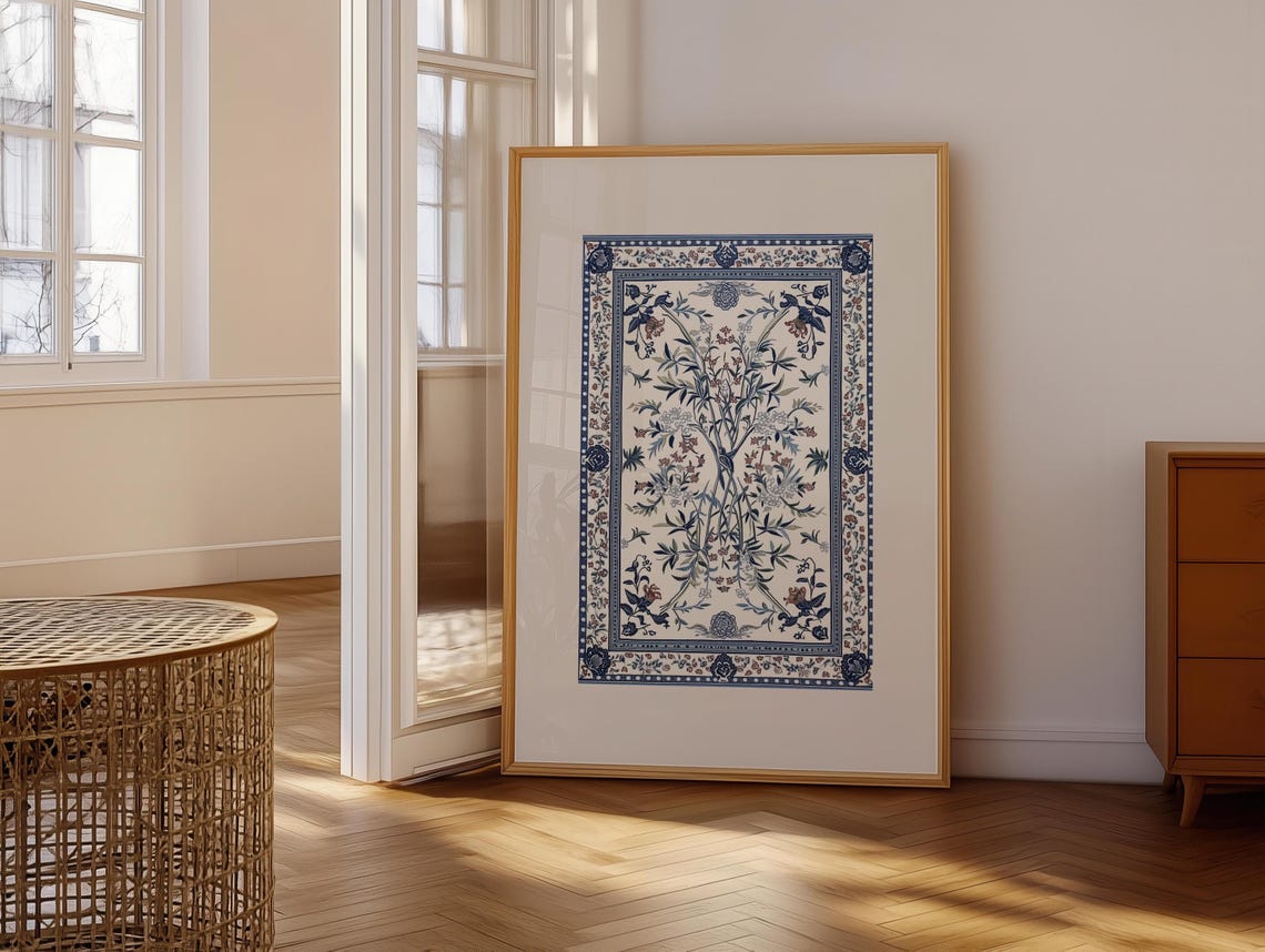 Blue White Botanical Textile Rug Kashmiri Floral Ornament Poster - Image 6