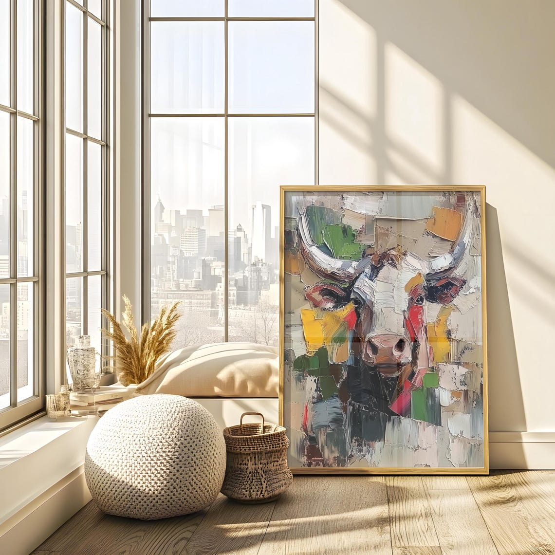 Abstract Impasto Longhorn Cow Portrait Painting in Bold Colors Poster - Image 2
