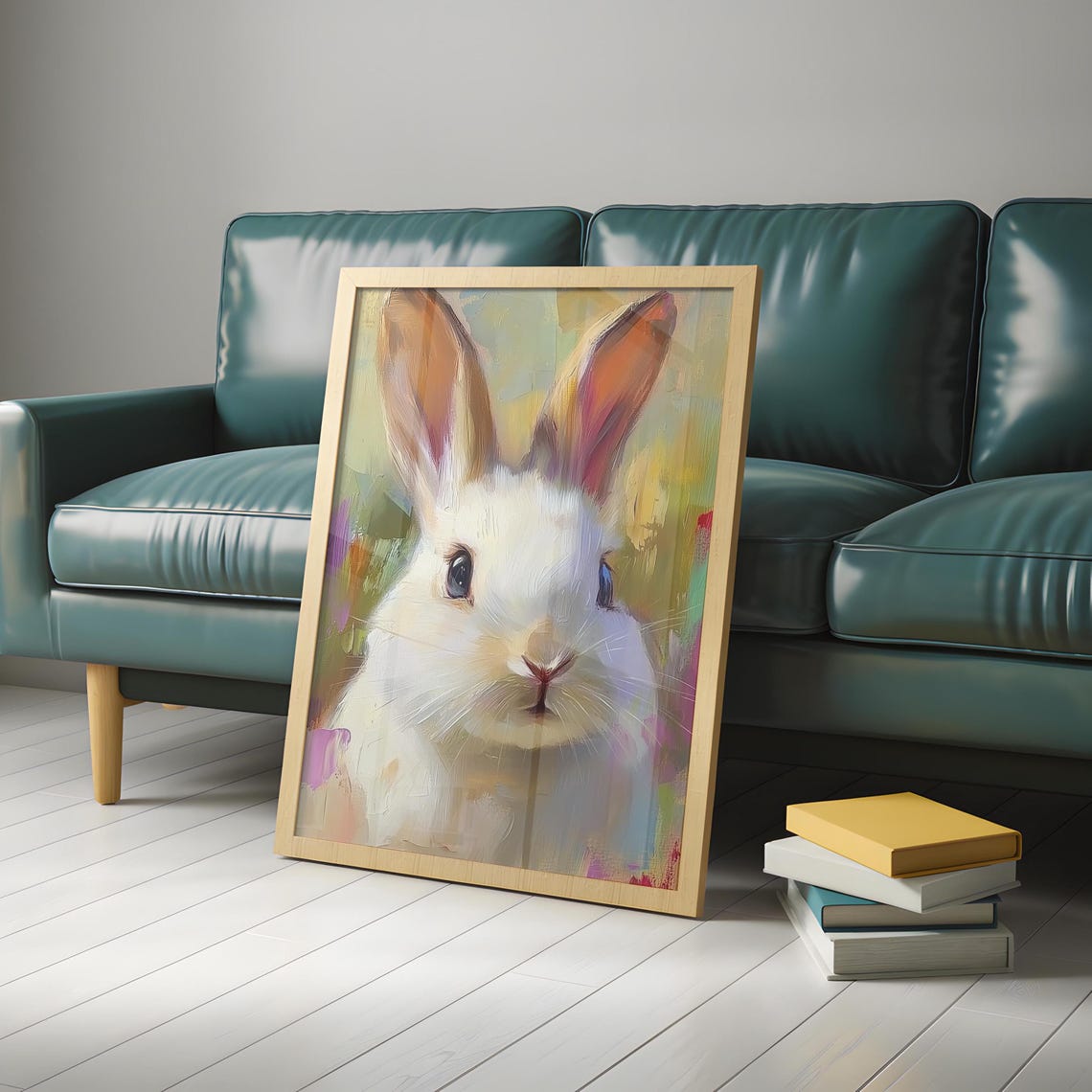White Rabbit Portrait on Pastel Abstract Background Bunny Poster - Image 4