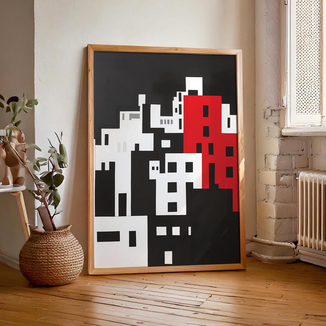 Bold Geometric Black White And Red Abstract Cityscape Art Poster