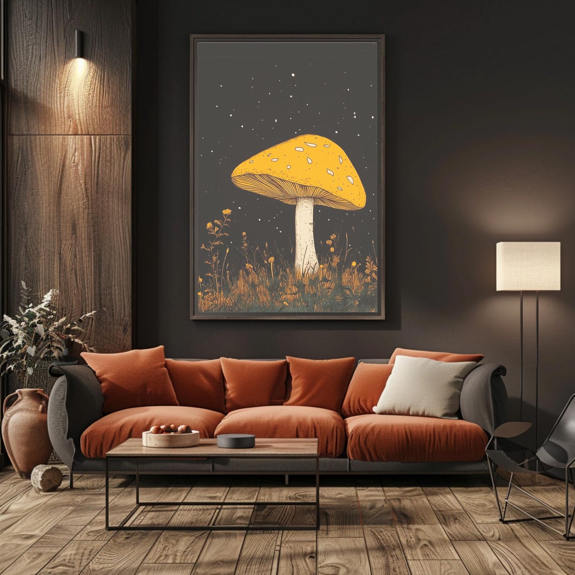 Golden Mushroom Under Starry Night Dark Botanical Art Poster - Image 6