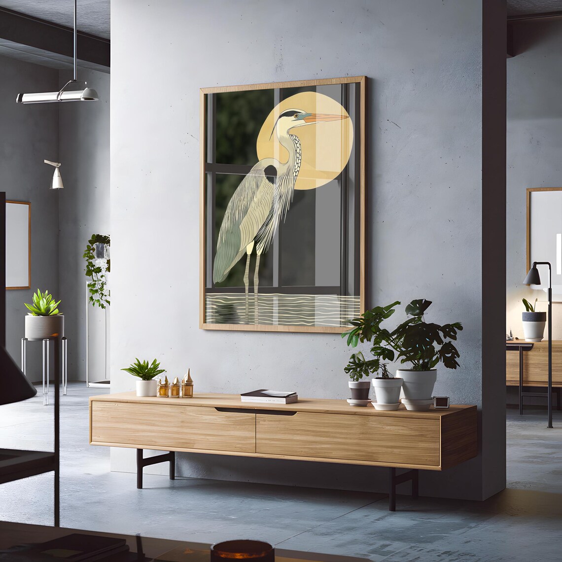 Retro Vintage Heron In The Night Art Print - Image 3