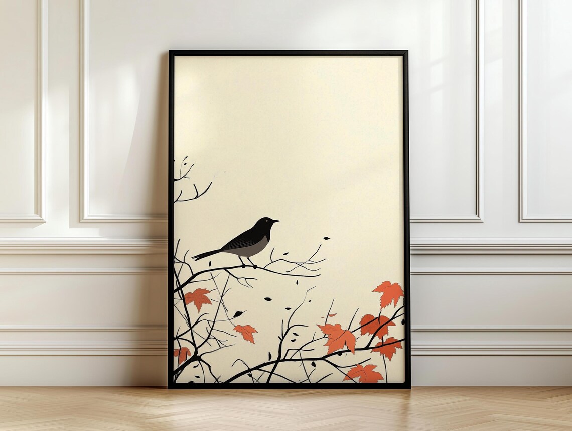 Minimalist Blackbird on Branch Japandi Style Autumn Art Poster - Image 7
