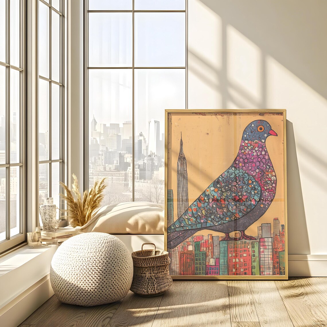 Mosaic Pigeon Above A Colorful City Skyline Landmark Art Poster - Image 4