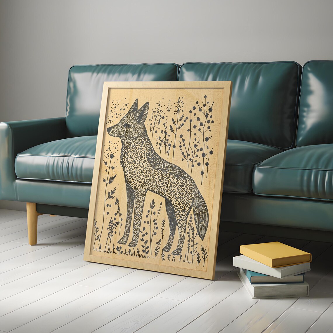 Standing Fox Linocut Style Folk Art Spotted Coat Wild Botanical Line Art Poster - Image 4