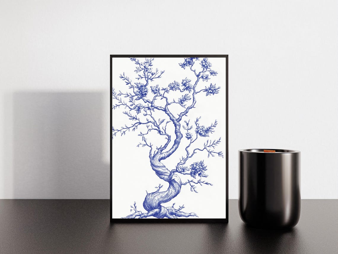 Blue Ink Twisted Blossom Tree with Roots Botanical Line Poster - Image 5