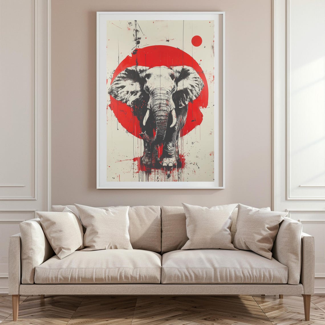 Elephant Before Giant Red Sun Trash Polka Style Ink Art Poster - Image 6