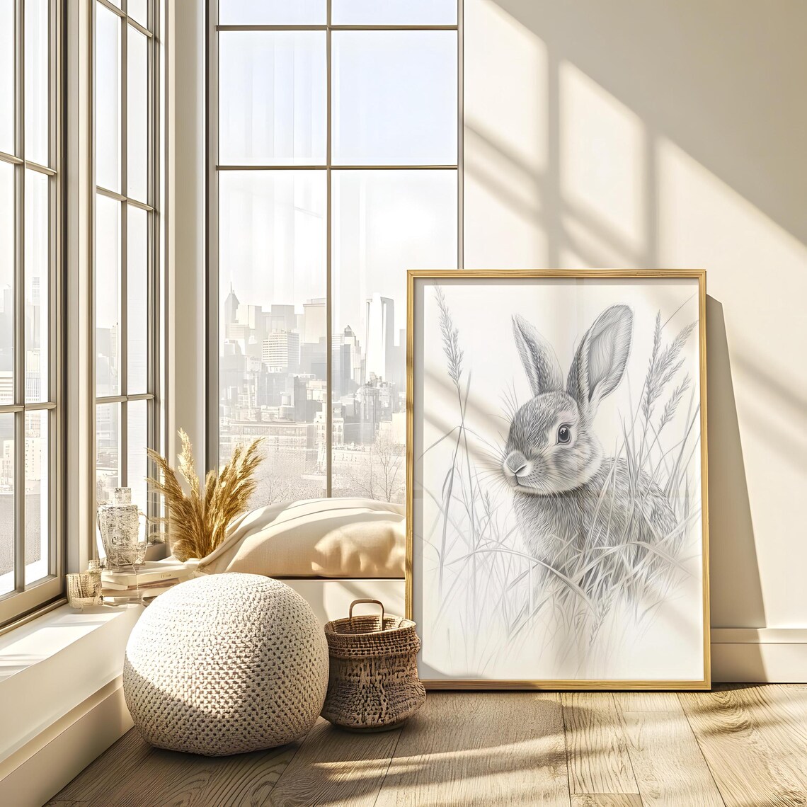 Pencil Sketch Bunny Front View In Wild Grasses Fine Line Graphite Drawing Art Poster - Image 2