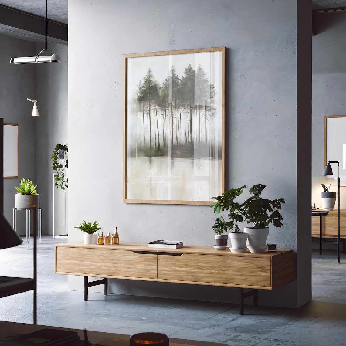 Minimalist Ink Pine Stand Reflected in Still Water Painting Poster - Image 3