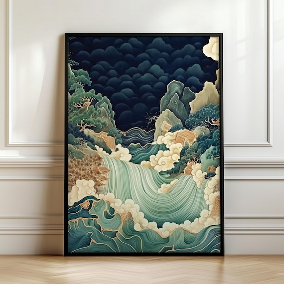 Japanese Abstract River Waterfall Poster, Traditional Art