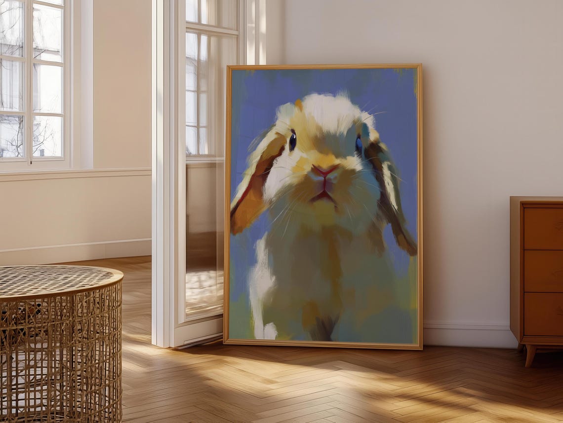 Lop Eared Bunny Close-Up Portrait on Blue Painterly Animal Poster - Image 6