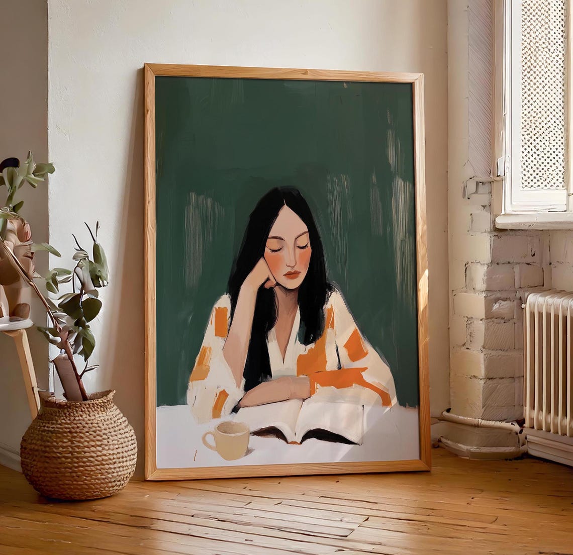Woman Reading at Table With Coffee Cup Green Minimalist Art Poster